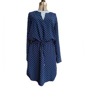 Lauren Ralph Lauren Navy Blue White Polka Dot Classic Shirt Dress Cinch Waist
